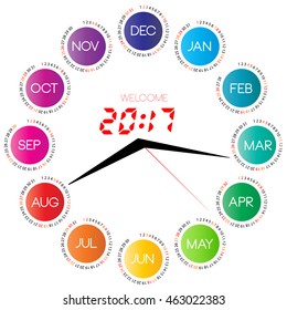 2017 calendar with clock, inspirational illustration.
