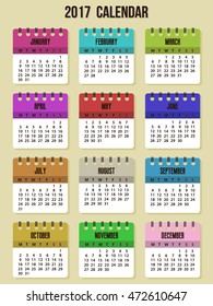 2017 Calendar Colorful Note Pages Year, Months, Days of the Week