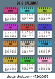 2017 Calendar Colorful Note Pages Year, Months, Days of the Week