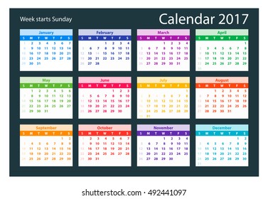 2017 Calendar colorful vector template. Vector template of 2017 colorful calendar.
