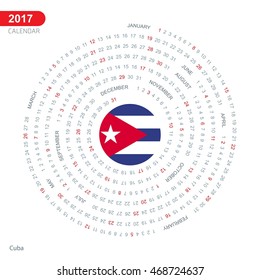 2017 Calendar, Cuba Country Flag Circle Button, spiral Calendar illustration, Happy new Year calendar. vector illustration