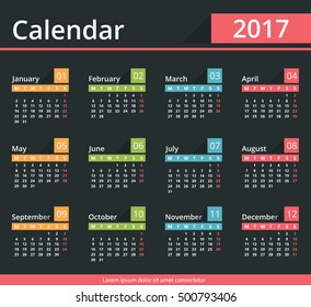 2017 Calendar, dark background, week starts on Monday, vector eps10 illustration