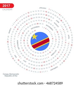 2017 Calendar, Democratic Republic of the Congo Country Flag Circle Button, spiral Calendar illustration, Happy new Year calendar. vector illustration