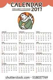 2017 calendar design with cute chickens cartoon vector.