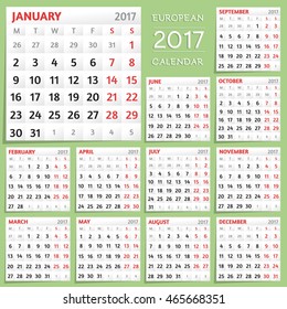 2017 Calendar Design. Week starts from Monday.
Month calendar template on green background and square white sticker papers with shadow.