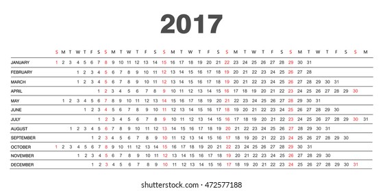 2017 calendar design.Week starts from sunday.Vector illustration.