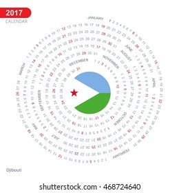2017 Calendar, Djibouti Country Flag Circle Button, spiral Calendar illustration, Happy new Year calendar. vector illustration