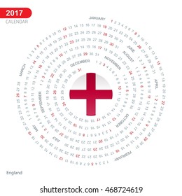 2017 Calendar, England Country Flag Circle Button, spiral Calendar illustration, Happy new Year calendar. vector illustration