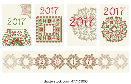 2017 Calendar with ethnic round ornament pattern in red and green colors Vector illustration. From collection of Balto-Slavic ornaments