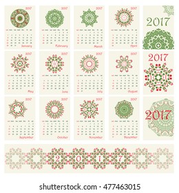 2017 Calendar with ethnic round ornament pattern in red and green colors Vector illustration. From collection of Balto-Slavic ornaments