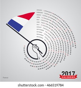 2017 Calendar, France Country Waving Flag banner, spiral illustration, swiral shape, calendar cover template, Happy new Year calendar. vector illustration