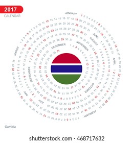 2017 Calendar, Gambia Country Flag Circle Button, spiral Calendar illustration, Happy new Year calendar. vector illustration
