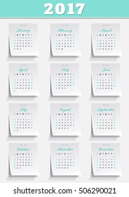 2017 calendar grid, vector template with paper stickers