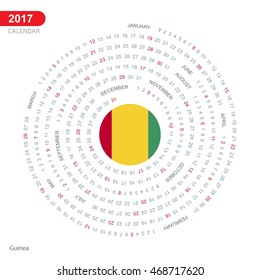 2017 Calendar, Guinea Country Flag Circle Button, spiral Calendar illustration, Happy new Year calendar. vector illustration