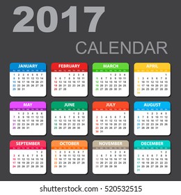 2017 Calendar in horizontal style. Illustration Vector template of color 2017 calendar on black background.