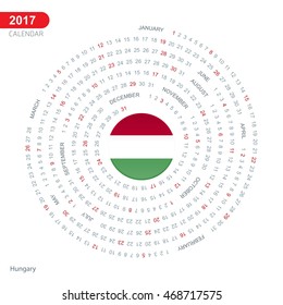 2017 Calendar, Hungary Country Flag Circle Button, spiral Calendar illustration, Happy new Year calendar. vector illustration