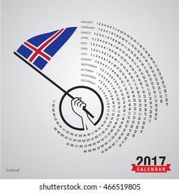 2017 Calendar, Iceland Country Waving Flag banner, spiral illustration, swiral shape, calendar cover template, Happy new Year calendar. vector illustration