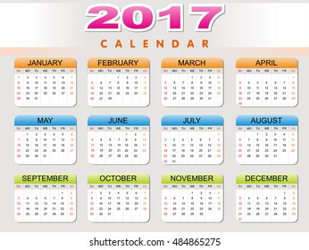 2017 Calendar - illustration Vector template of color 2017 calendar
