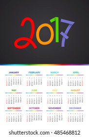 2017 Calendar - illustration Vector template of color. Weeks start on sunday. A4