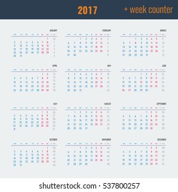 2017 Calendar - illustration Vector template of color 2017 calendar with week counter