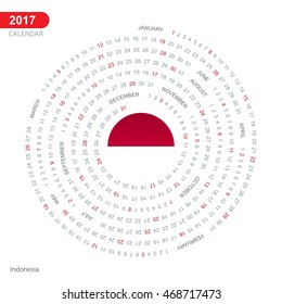 2017 Calendar, Indonesia  Country Flag Circle Button, spiral Calendar illustration, Happy new Year calendar. vector illustration