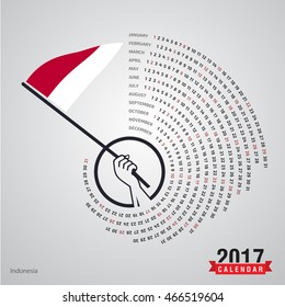 2017 Calendar, Indonesia Country Waving Flag banner, spiral illustration, swiral shape, calendar cover template, Happy new Year calendar. vector illustration