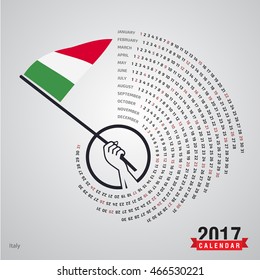 2017 Calendar, italy Country Waving Flag banner, spiral illustration, swiral shape, calendar cover template, Happy new Year calendar. vector illustration