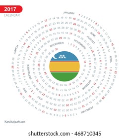 2017 Calendar, Karakalpakstan Country Flag Circle Button, spiral Calendar illustration, Happy new Year calendar. vector illustration