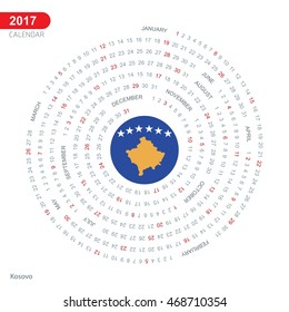 2017 Calendar, Kosovo Country Flag Circle Button, spiral Calendar illustration, Happy new Year calendar. vector illustration