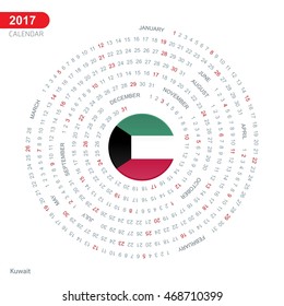 2017 Calendar, Kuwait Country Flag Circle Button, spiral Calendar illustration, Happy new Year calendar. vector illustration