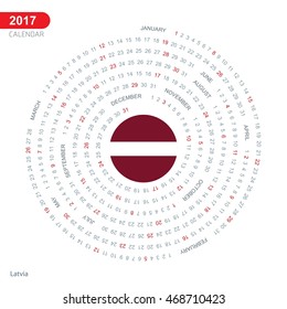 2017 Calendar, Latvia Country Flag Circle Button, spiral Calendar illustration, Happy new Year calendar. vector illustration