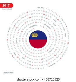 2017 Calendar, Liechtenstein Country Flag Circle Button, spiral Calendar illustration, Happy new Year calendar. vector illustration