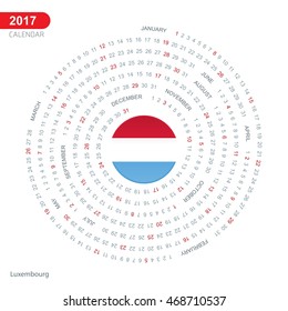 2017 Calendar, Luxembourg Country Flag Circle Button, spiral Calendar illustration, Happy new Year calendar. vector illustration