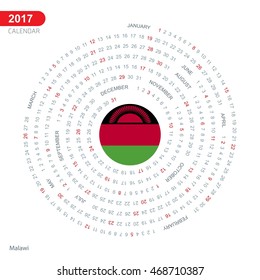 2017 Calendar, Malawi Country Flag Circle Button, spiral Calendar illustration, Happy new Year calendar. vector illustration