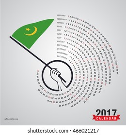 2017 Calendar, Mauritania Country Waving Flag banner, spiral illustration, swiral shape, Blue polygonal background calendar cover template, Happy new Year calendar. vector illustration