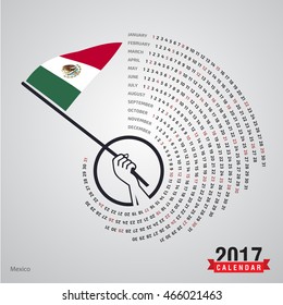 2017 Calendar, Mexico Country Waving Flag banner, spiral illustration, swiral shape, Blue polygonal background calendar cover template, Happy new Year calendar. vector illustration