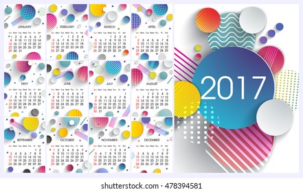 2017 calendar with modern design, colorful elements, annual report cover, calendar for 2017 year, week stars on sunday, calendar for every month, design calendar, 