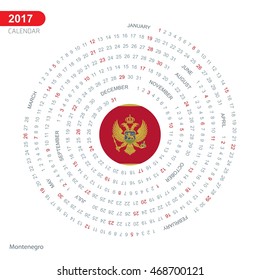 2017 Calendar, Montenegro Country Flag Circle Button, spiral Calendar illustration, Happy new Year calendar. vector illustration
