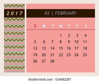 2017 calendar, monthly calendar template for February. Retro color vector illustration.