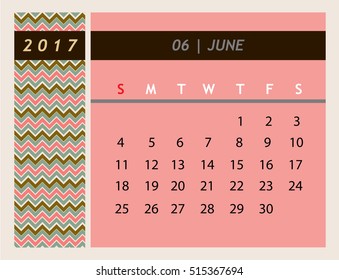 2017 calendar, monthly calendar template for June. Retro color vector illustration.