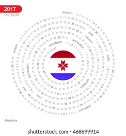 2017 Calendar, Mordovia Country Flag Circle Button, spiral Calendar illustration, Happy new Year calendar. vector illustration