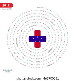 2017 Calendar, Netherlands Antilles Country Flag Circle Button, spiral Calendar illustration, Happy new Year calendar. vector illustration