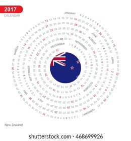 2017 Calendar, New Zealand Country Flag Circle Button, spiral Calendar illustration, Happy new Year calendar. vector illustration