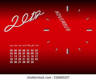 2017 Calendar November clock on red Background Design Vector