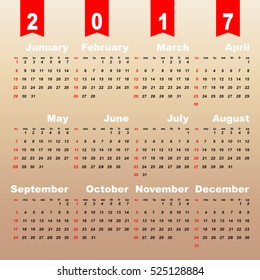 2017 calendar on brown gradient background, stock vector