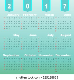 2017 calendar on green gradient background, stock vector
