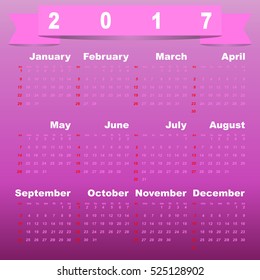 2017 calendar on pink gradient background, stock vector