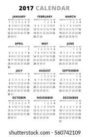2017 Calendar On White Background. Week Starts Sunday. Simple Vector Template