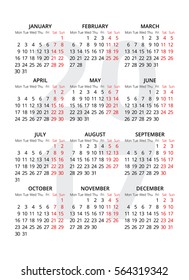2017 Calendar On White Background. Week Starts Monday. Simple Vector Template