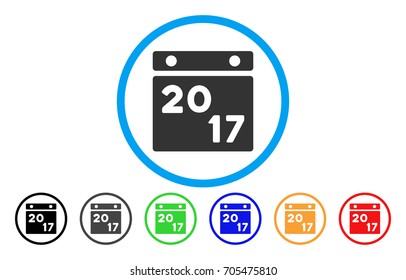 2017 Calendar Page vector rounded icon. Image style is a flat gray icon symbol inside a blue circle. Additional color variants are grey, black, blue, green, red, orange.